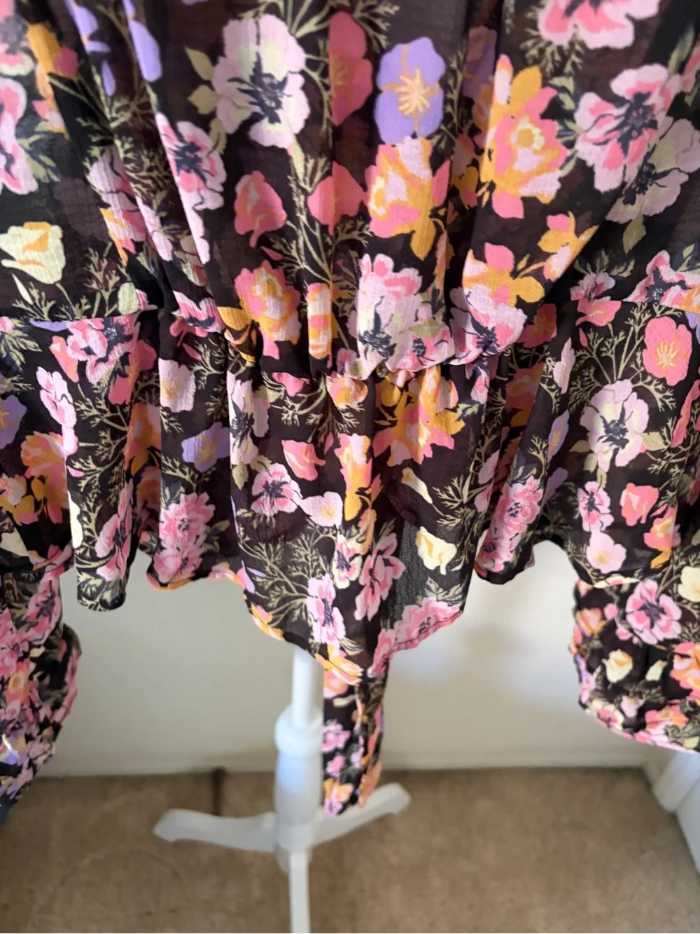 Free People Black Blouse with Pink, Purple & Yellow Floral Print Tie Front